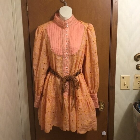 Vintage Orange Eyelet Button Down Cottage core Lace Details long Sleeve Dress S - Picture 1 of 15